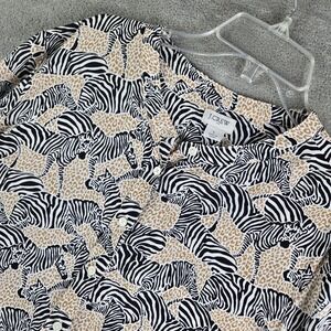 J Crew Shirt Womens Large White Tan Black Leopard Zebra Animal Print Bold Safari